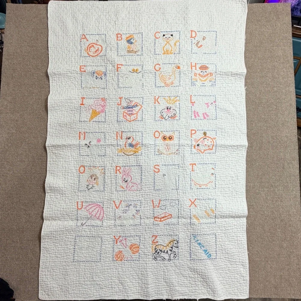 Vintage Kincaid Alphabet Baby Quilt Hand Embroidered Nursery Blanket White 32x48
